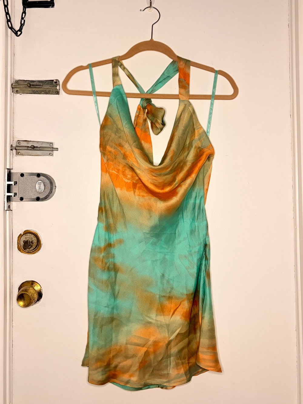 Tie-Dye Satin Halter Slip Dress in Turquoise & Orange, hippie, beach, sunset